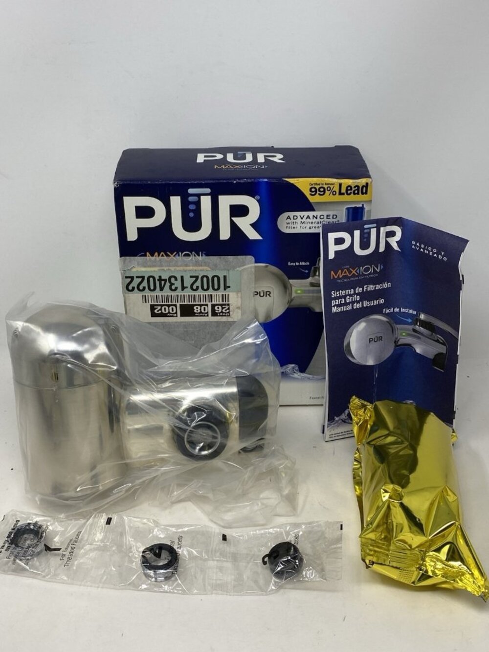 PUR Maxion Water Faucet Filtration System Stainless Steel Style With Filter NEW